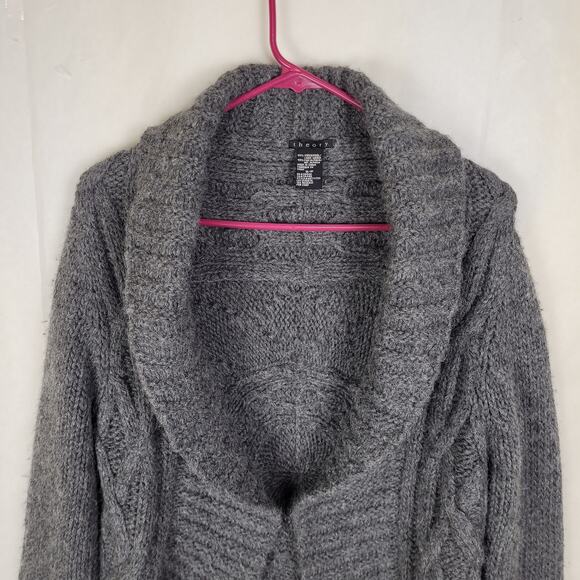 Theory grey wool alpaca cable knit cardigan Size Sm shawl collar medallion back - Picture 5 of 7